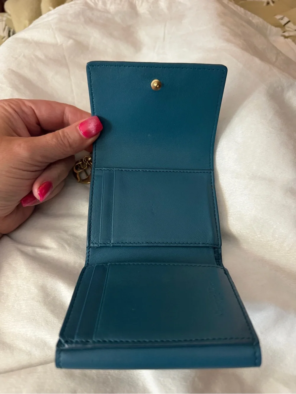 Dior Cannage Leather Double Flap Compact Teal Blue Wallet w/Gold-tone DIOR Charm